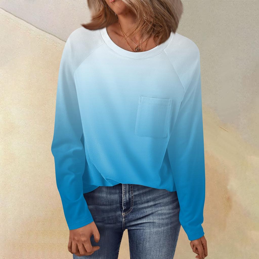 Women's Round Neck Gradient Printed Raglan Sleeve Long Sleeve Versatile Loose Top