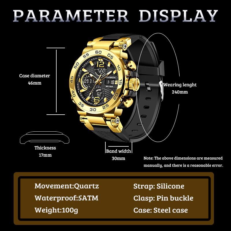 LIGE Men's Sports Watch 5ATM Waterproof Luminous Digital Dual Display Quartz Watch Fashion Chronograph