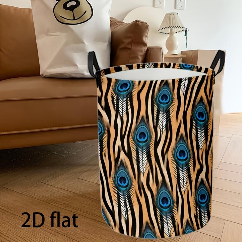 1pc, Dirty Clothes Basket, Peacock Feather Zebra Stripe Pattern, Durable And Easy to Carry Peacock Zebra Stripe Printed Laundry Basket, Perfect for St