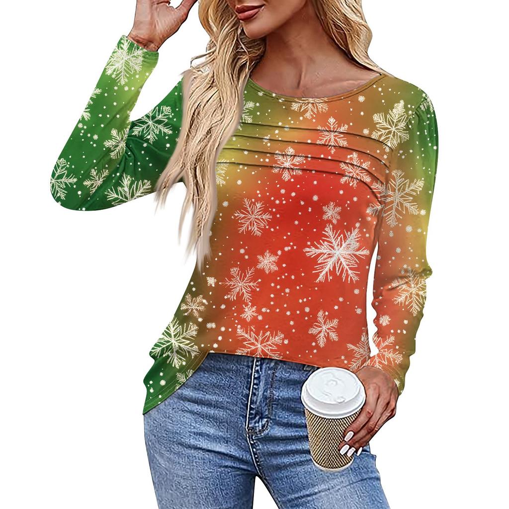 Женская повседневная модная футболка с круглым вырезом и длинными складками на Рождество