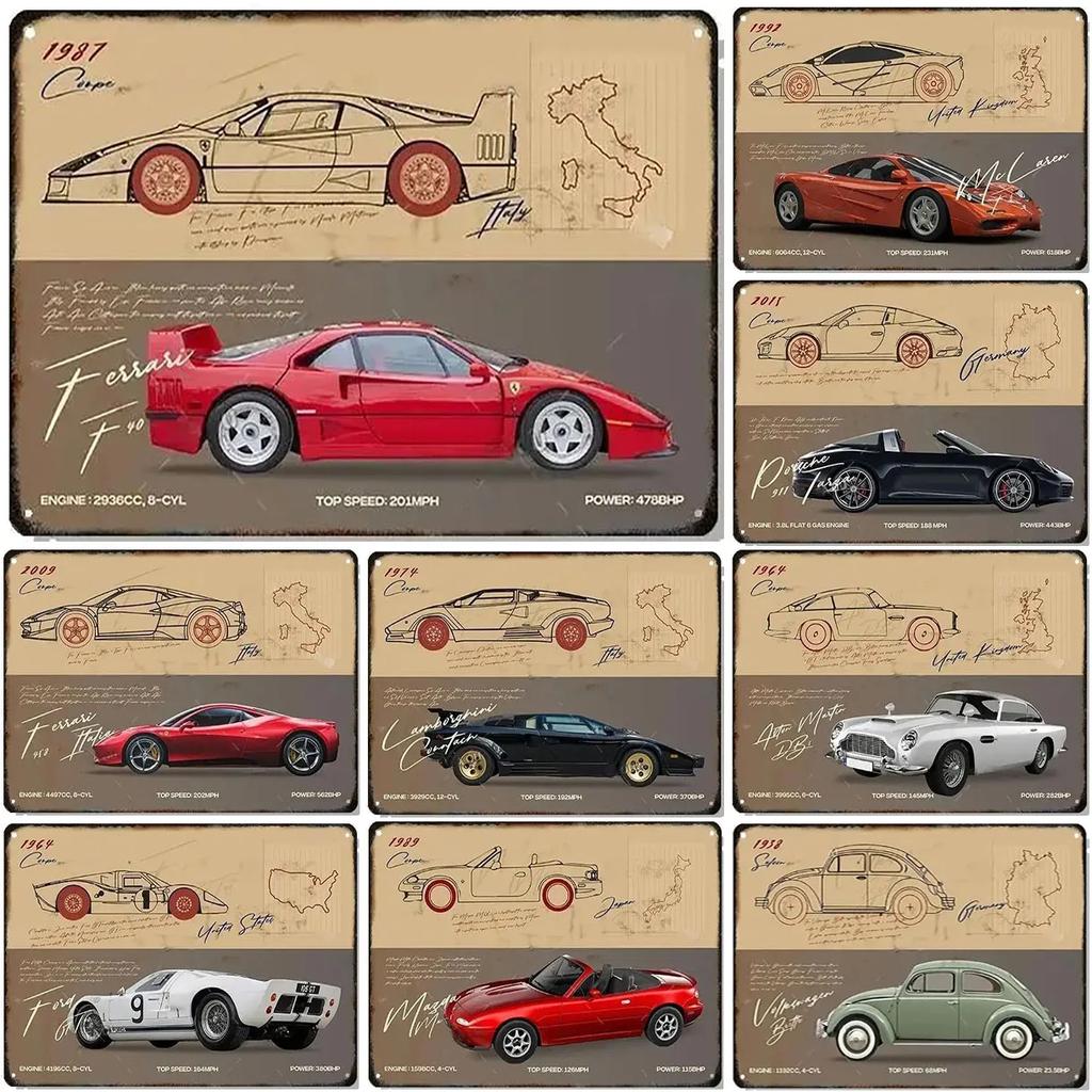 Металлические жестяные таблички Плакат Классические автомобили Настенное украшение Винтажные художественные постеры Жестяная картина для мужской пещеры Дома Кафе Игровой комнаты Клуба Бара