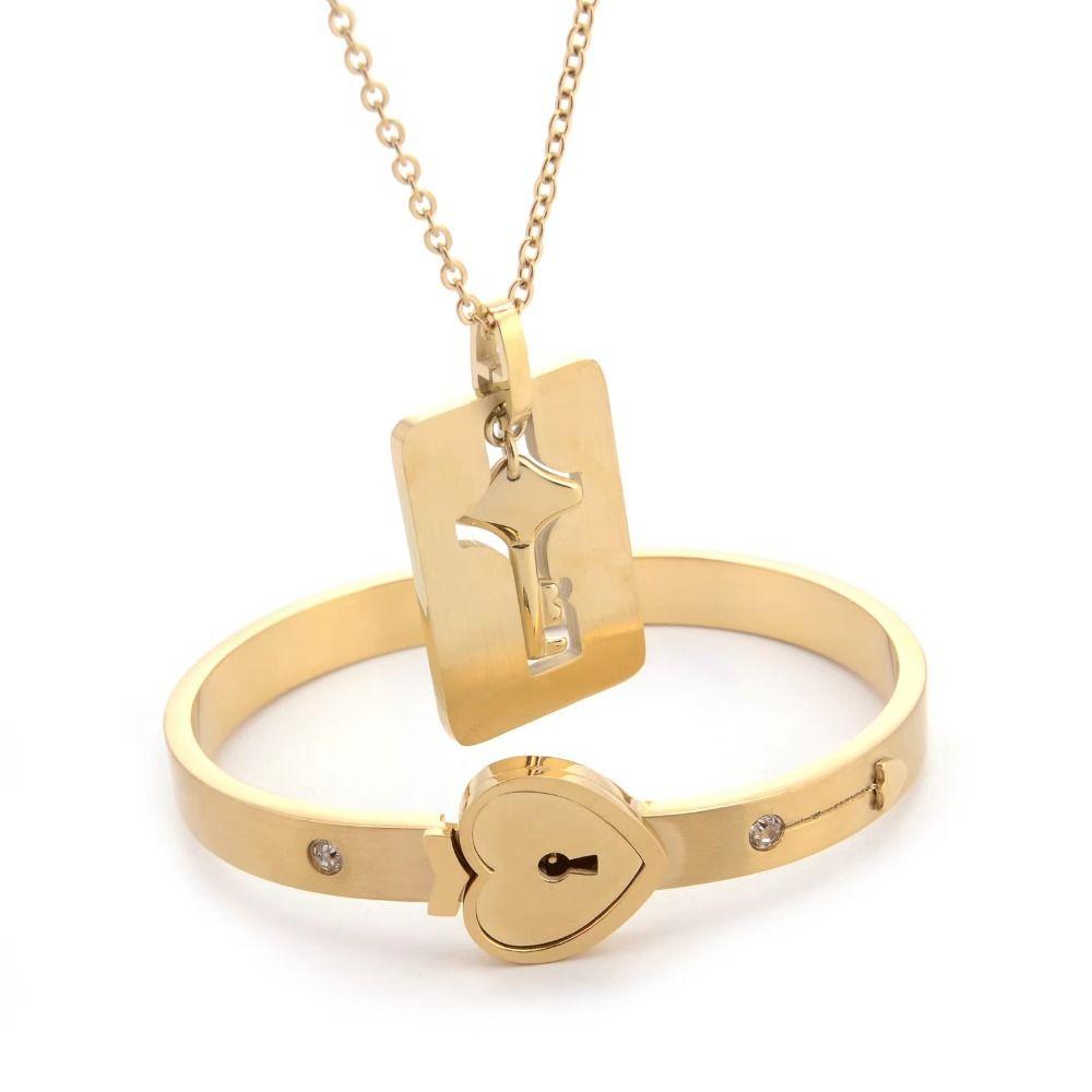 Stainless Steel Heart Lock Bracelets Gold Silver Key Pendant Necklace Jewelry Gift