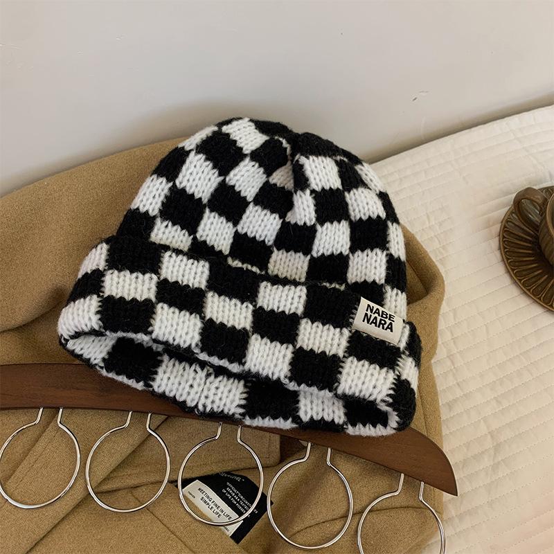 Chessboard Knitted Hat Women's Autumn and Winter Niche Big Head Circumference Wool Hat Showing Face Small Christmas Hat
