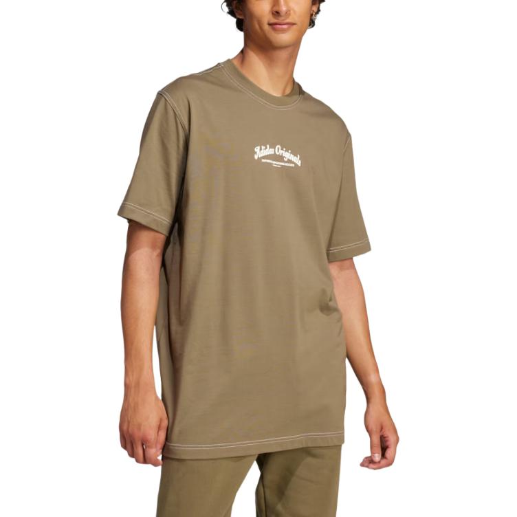 Adidas Оригиналы FW24 Вабаш Надпись Удобный Пуловер Футболка с Коротким Рукавом Мужские Футболки Оливковый JP4476