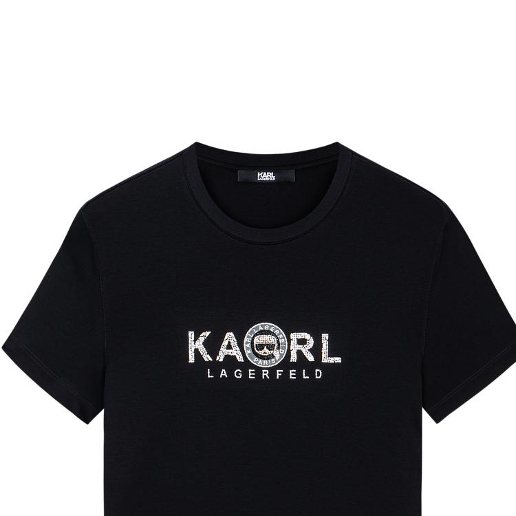 Karl Lagerfeld Спорт На открытом воздухе Повседневный Мода Уличный Принт с буквенным логотипом Декор стразами Круглый вырез Короткий рукав Футболка Мужская Футболки Черный E33M1708