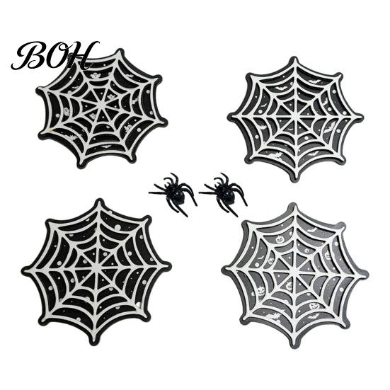 Anti Slip Wood Cup Mats Halloween Spider Web Wooden Coaster, Anti-Slip Mat with Figurine, Retro Home Decor Accessories Thermal Insulated Table