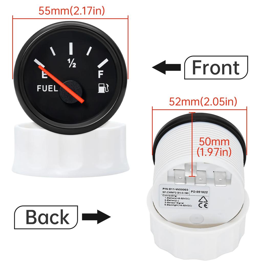 52mm Fuel Level Gauge with Red Backlight for 0~190 Ohm 240~33ohm Fuel Level Sensor Universal Boat Car Truck RV Instruments