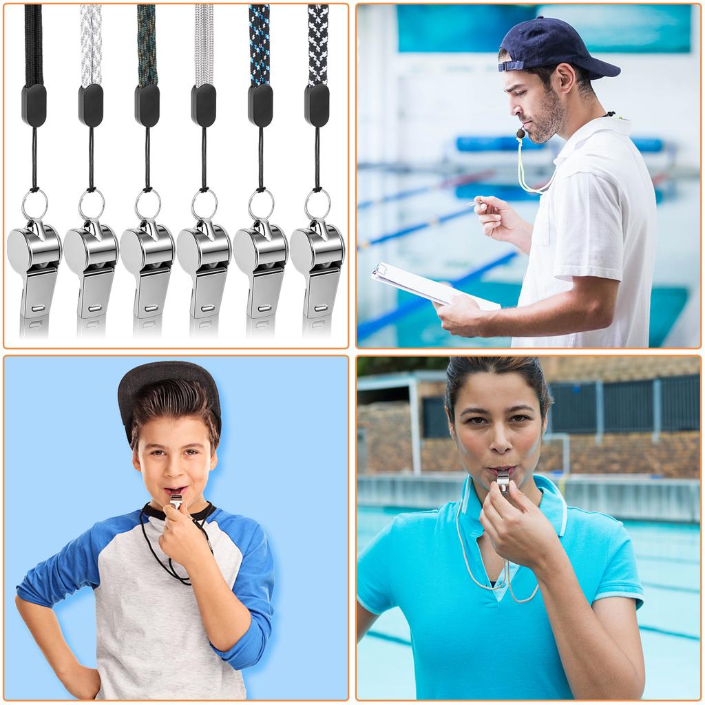 Набор из 6 спортивных свистков из нержавеющей стали со шнурком, свисток тренера, громкий, четкий