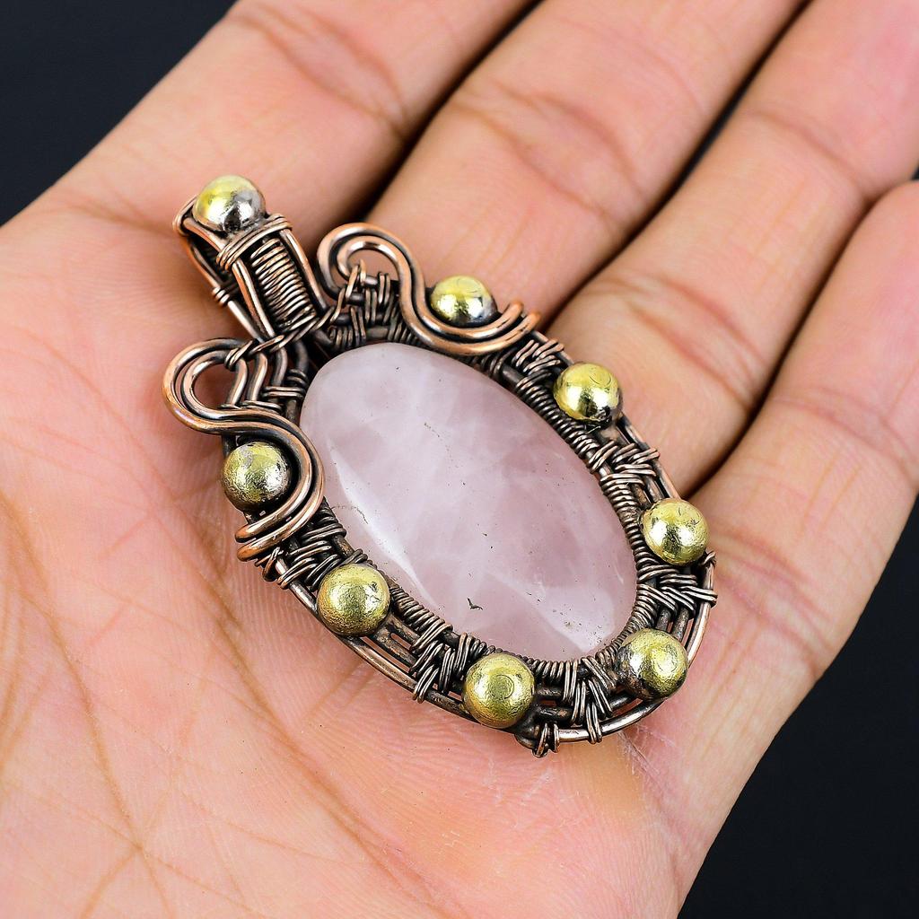Rose Quartz Gemstone Pure Copper Wire Wrapped Handmade Pendant Jewelry Gift