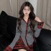 Women Korean Fashion  Aesthetic Y2k Outfits 2 Piece Set Vintage Long Sleeve V-Neck Tops + Mini Plaid Tierred Ruffles Skirts
