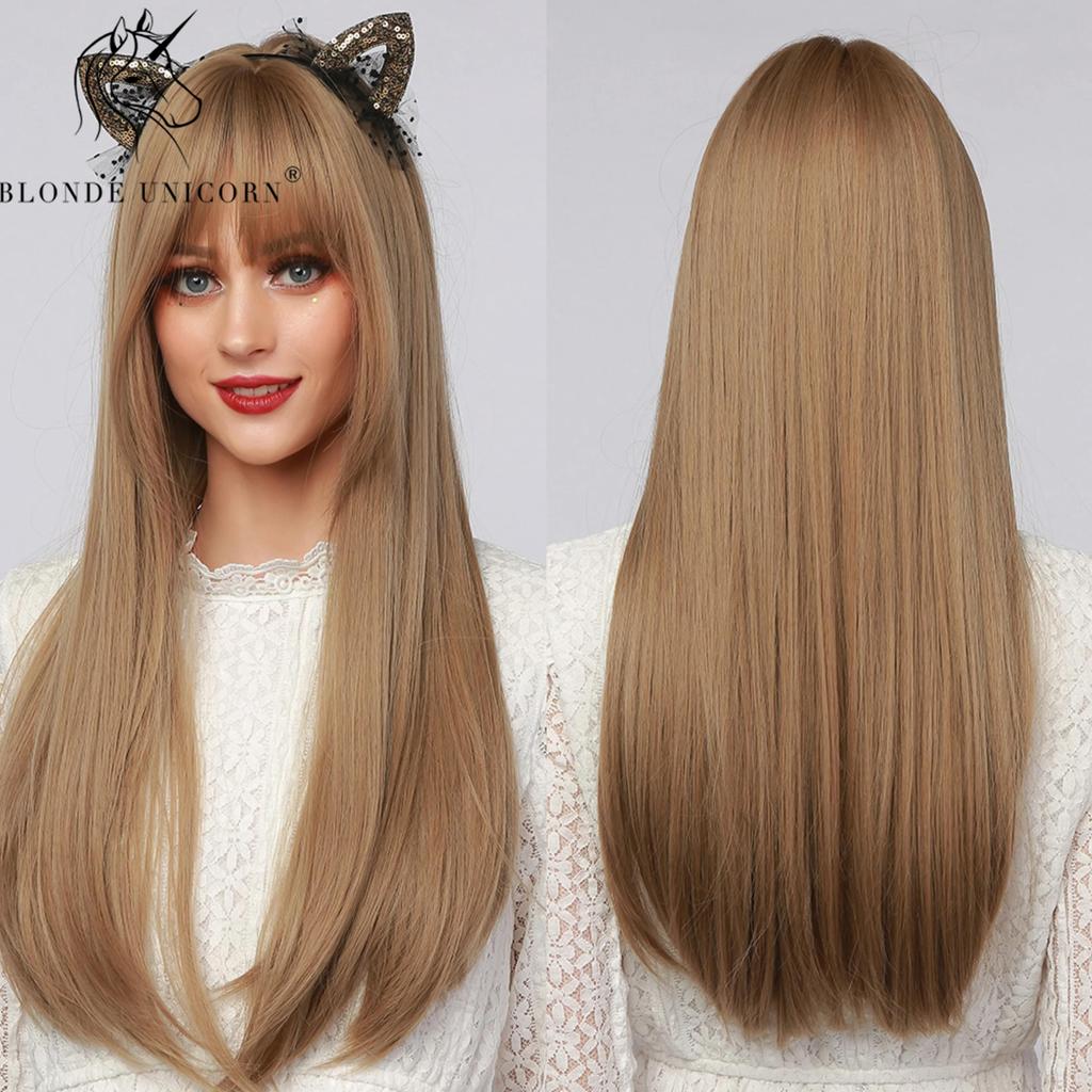 BLONDE UNICORN Long Blonde Straight Synthetic Wigs with Bangs Wavey Daily Party Cosplay Wigs for Women Heat Resistant Fiber Hair