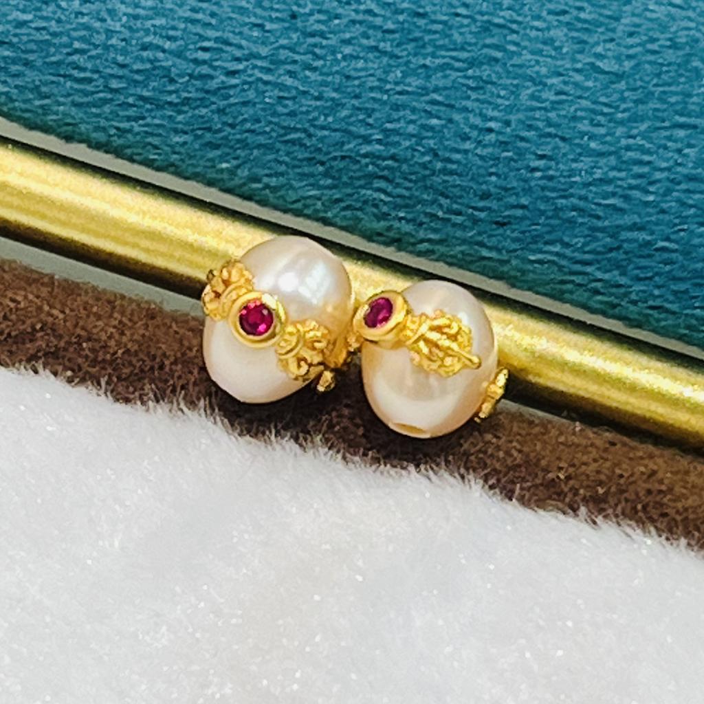 1 шт., Искусственные жемчужные бусины с золотой оправой и красными драгоценными камнями, Розовые рисовые бусины с отверстием, для изготовления ювелирных изделий, материалы для DIY, аксессуары 0,9-1 см