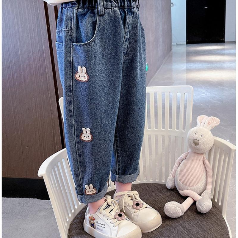Джинсы для девочек, весеннее платье, новые модные и универсальные детские повседневные брюки с рисунком кролика для малышей