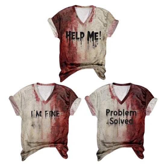 Женская футболка с V-образным вырезом и длинным рукавом, с принтом «кровавые буквы», свободный крой, пуловер на Хэллоуин, топы, праздничная одежда для вечеринок