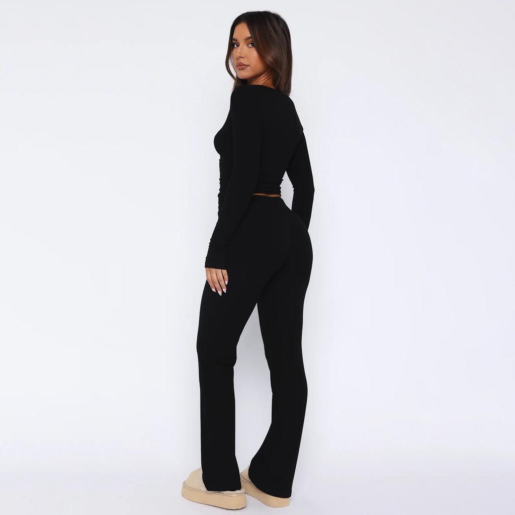 Женский однотонный костюм с длинным рукавом и V-образным вырезом, свободный топ, широкие короткие брюки, осень-зима