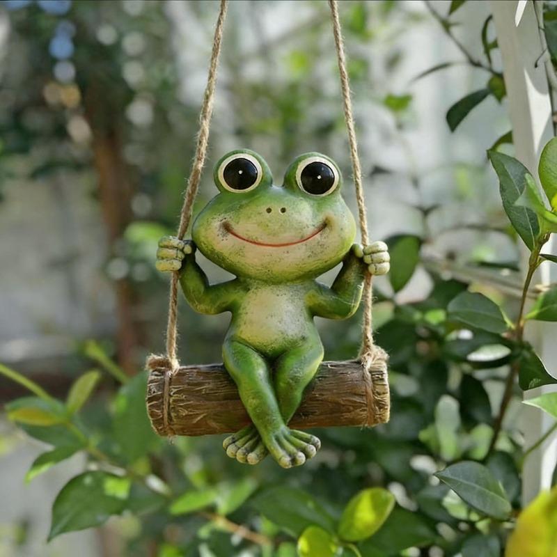 Swing Log Frog Resin Hanging Ornament Big Eye Cartoon Frog Tree Hanging Statue Yard Patio Garden Micro Landscape Decor