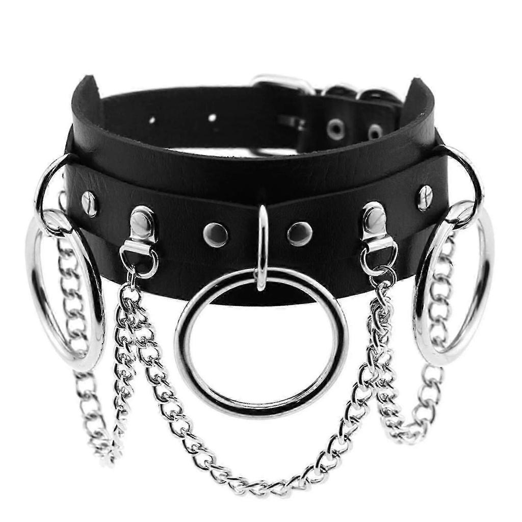 Leather choker with metal ring, adjustable punk-style necklace, sexy and soft PU leather choker - black.
