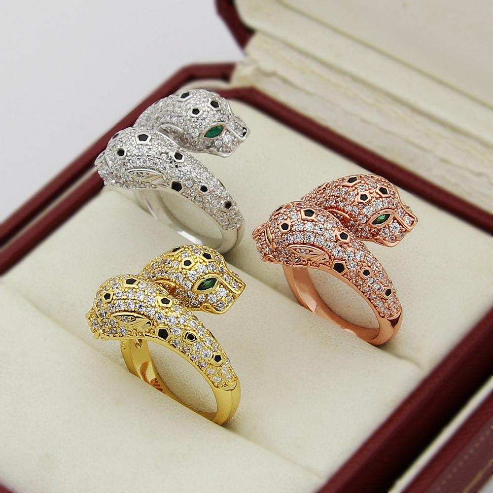 Ах, золотые украшения, зеленые бриллиантовые глаза, полные бриллиантов, двойное леопардовое открытое кольцо, двойное леопардовое кольцо с полной инкрустацией бриллиантами, леопард.