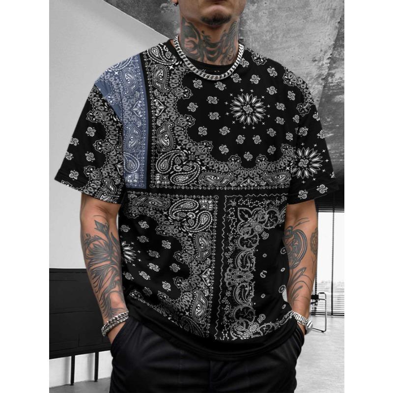 Bohemian Bandana Patterned Short - Sleeve Tops Summer Round Neck 3D Print Fashionable Casual Men's T-shirts