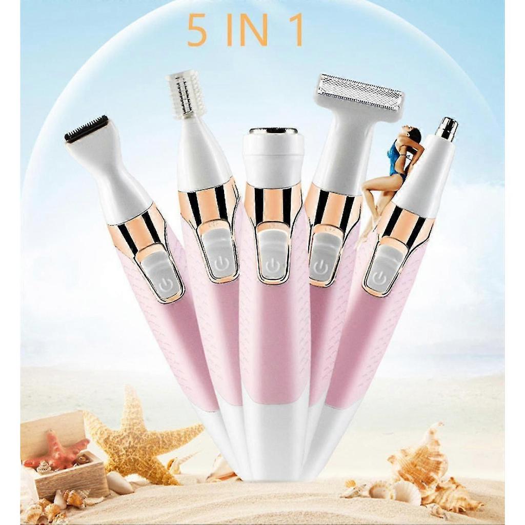 Women Bikini Trimmer, 5 In 1 Woman Electric Shaver, Rechargeable Epilator Lady Hair Painless Shaver For Bikini Area /nose/ Armpit/eyebrow/facialpink