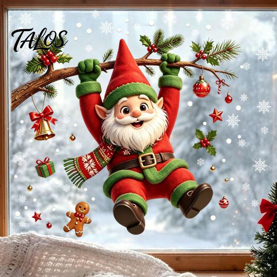 Christmas Glass Stickers Cute Gnome Static Window Cling, Removable Decal with Holly Bell Decals Gingerbread Snowflake, Holiday Decor for Home