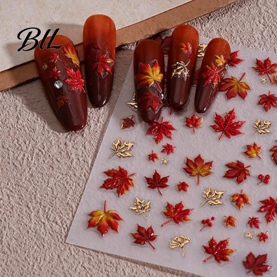 Maple Leaf Nail Stickers Autumn Stickers, Self-Adhesive Fall Leaves Decals, Art Decals Women Embossed Manicure for Home and Salon Use Decorations