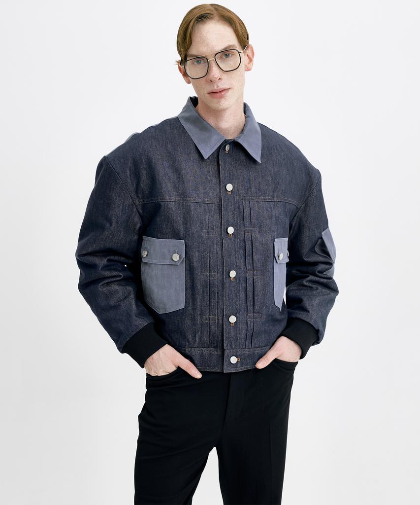WUNDER GEIST Non-Faded Denim Pleated Faux Leather Suede Contrast Jacket