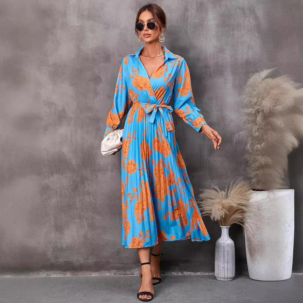 GMXIA Women's Fashion Autumn Winter Floral Print Long Sleeve POLO Neck High Waist Casual Dresses