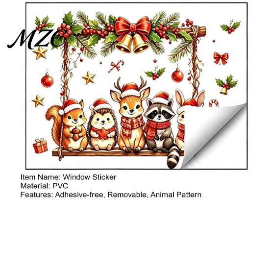 PVC Festive Window Stickers Christmas Animals Decal, Static Cling Removable Sticker, Waterproof Cute Cartoon Animal Clings Deer Bunny on Swing