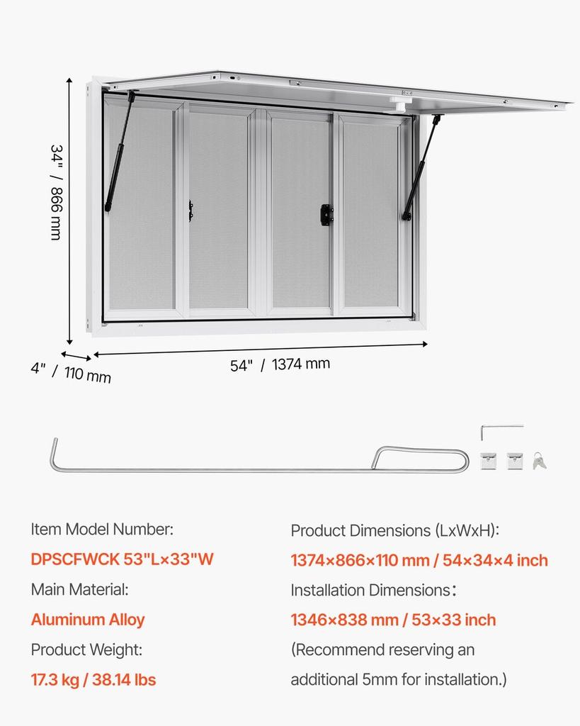 Concession Window 135x84 cm, Aluminum Alloy Service Window for Food Truck, Up to 85 Degrees Stand Serving Window with 4 Sliding Windows, Awning Door,