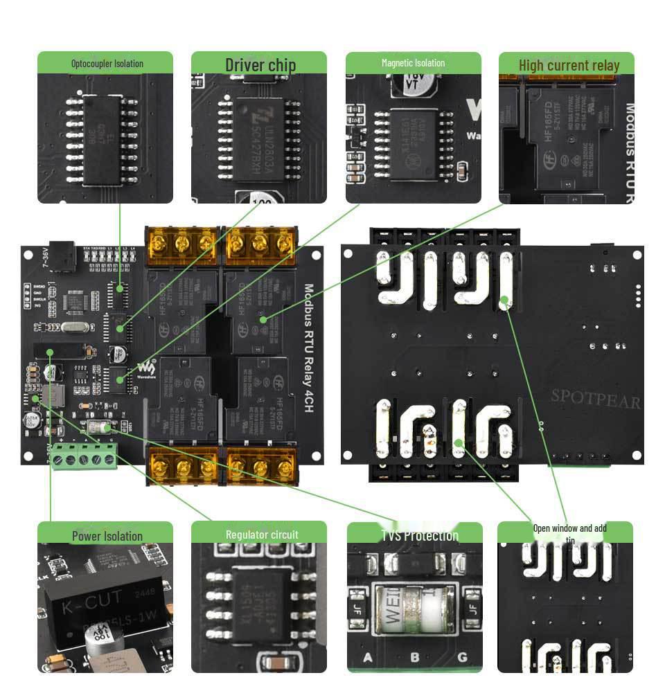 4-канальный модуль реле RS485 Modbus RTU с высоким током и защитой от перенапряжения