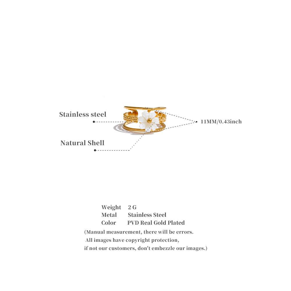 Yhpup Stainless Steel Natural Shell Flower Metal Hollow Open Ring 18K Gold Color Plated Popular Sweet Jewelry