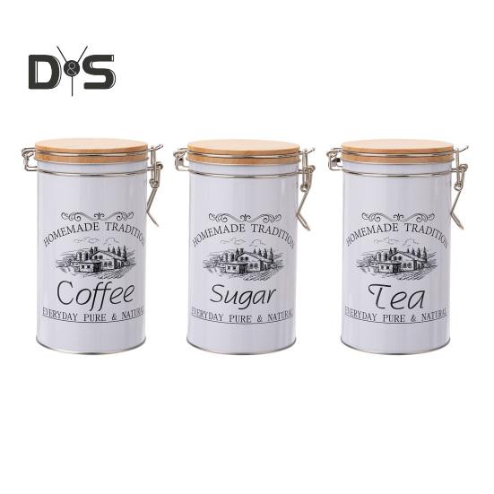 3Pcs Coffee Sugar Canisters Set Large Capacity Easy To Clean Multipurpose Metal Tea Coffee Sugar Jars with Airtight Sealed Bamboo Lid