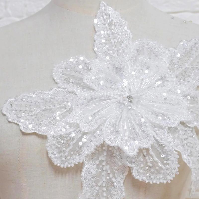 1PC DIY Sequin Beaded Clothing Accessories Patches Decorative Lace White Multi Layered High Quality