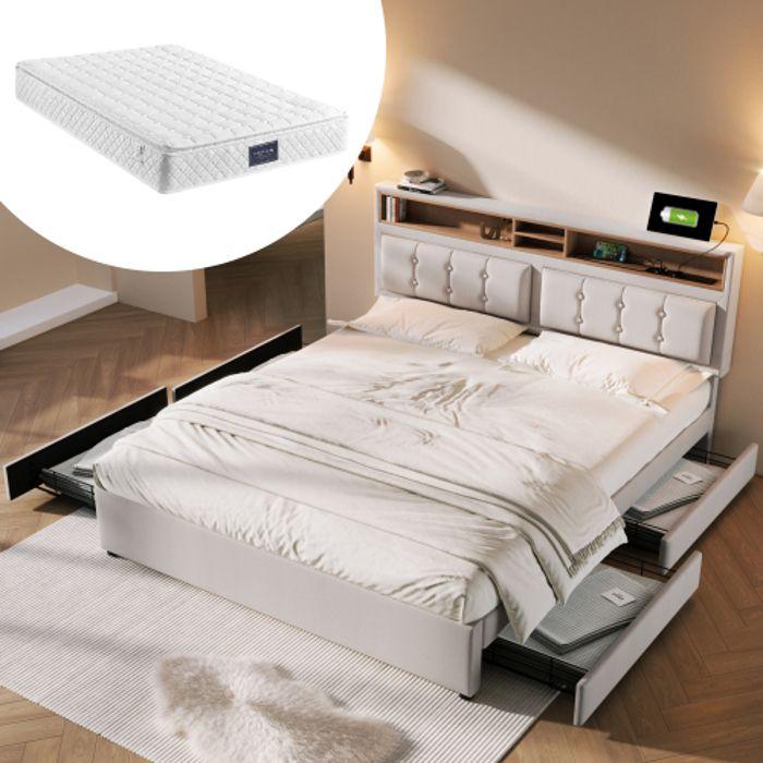 Lit avec 4 tiroirs - MUVOE - 160x200cm - Tête de lit réglable - Prise USB intégrée - Matelas inclus