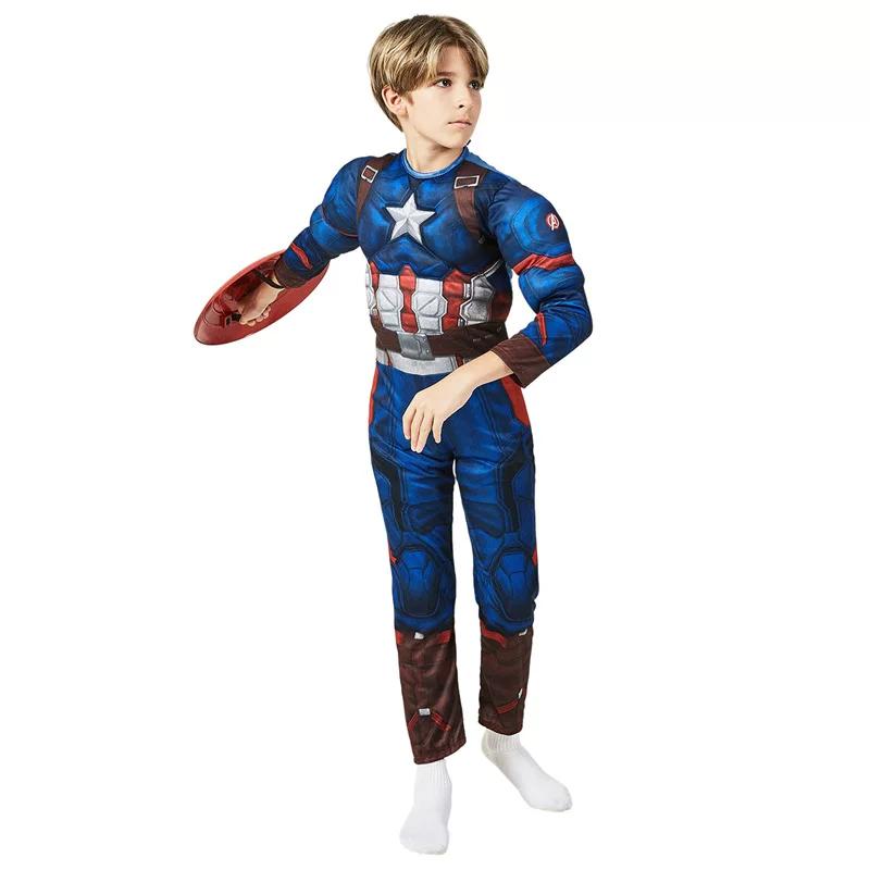 Boys Captain America Muscle Cosplay Outfit, Superhero Halloween Role Play Performance Costume