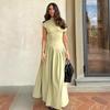 Women Elegant Green Pleated Dress Fashion O Neck Short Sleeve Patchwork Long Dresses 2025 New Casual Office Lady Streetwear