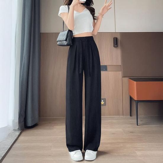 Женские брюки с высокой посадкой, регулируемой кулиской, длинные брюки из ледяного шелка с карманами