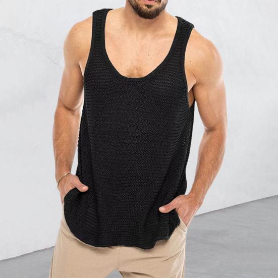 Men Summer Knitted Tops O-neck Sleeveless Solid Color Loose Fit Pullover Tops Stretchy Vest Streetwear