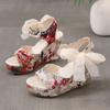Fashion Women's Floral Print Sandals Mesh Bowknot Decor Wedge Strappy Open-toed Sandal Heels Platform Shoes Ankle-strap Dress Sandales
