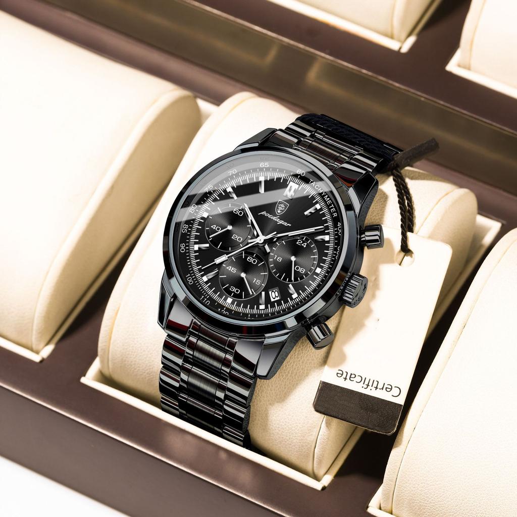 Роскошные новые мужские часы с ремешком из нержавеющей стали, многофункциональные кварцевые наручные часы с хронографом