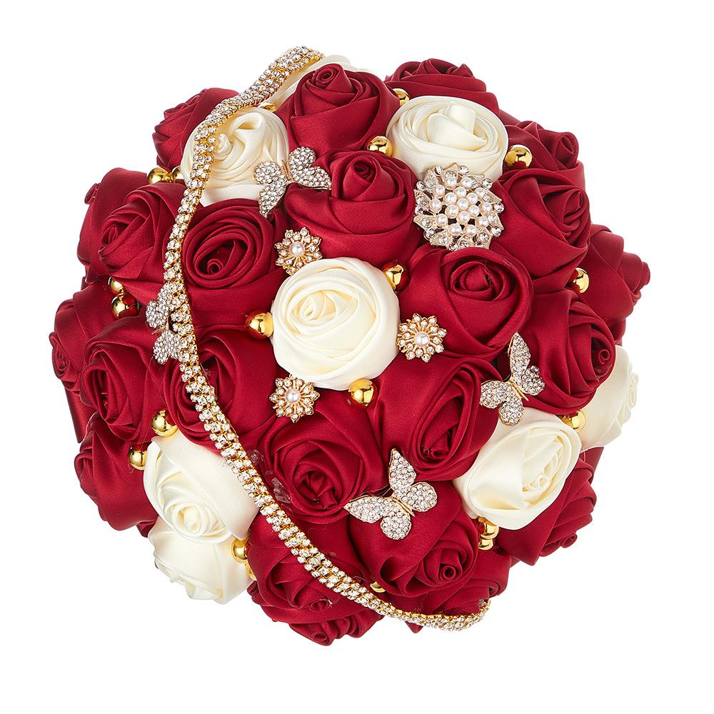 High-Grade Red Bridal Bouquet with Rhinestone Butterflies and Satin Ribbon