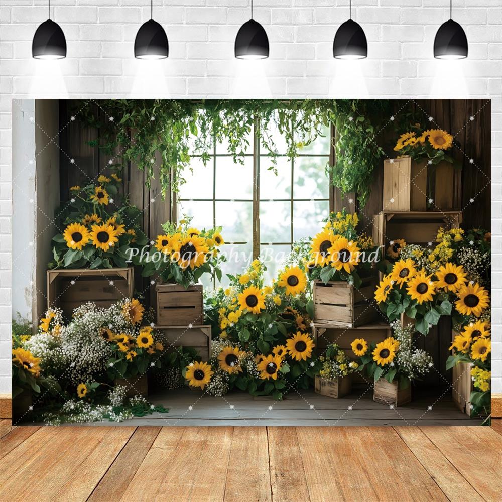 Spring Autumn Sunflower Flower Photography Background Window Sunshine Green Leaves Baby Birthday Kids Portrait Photo Backdrop