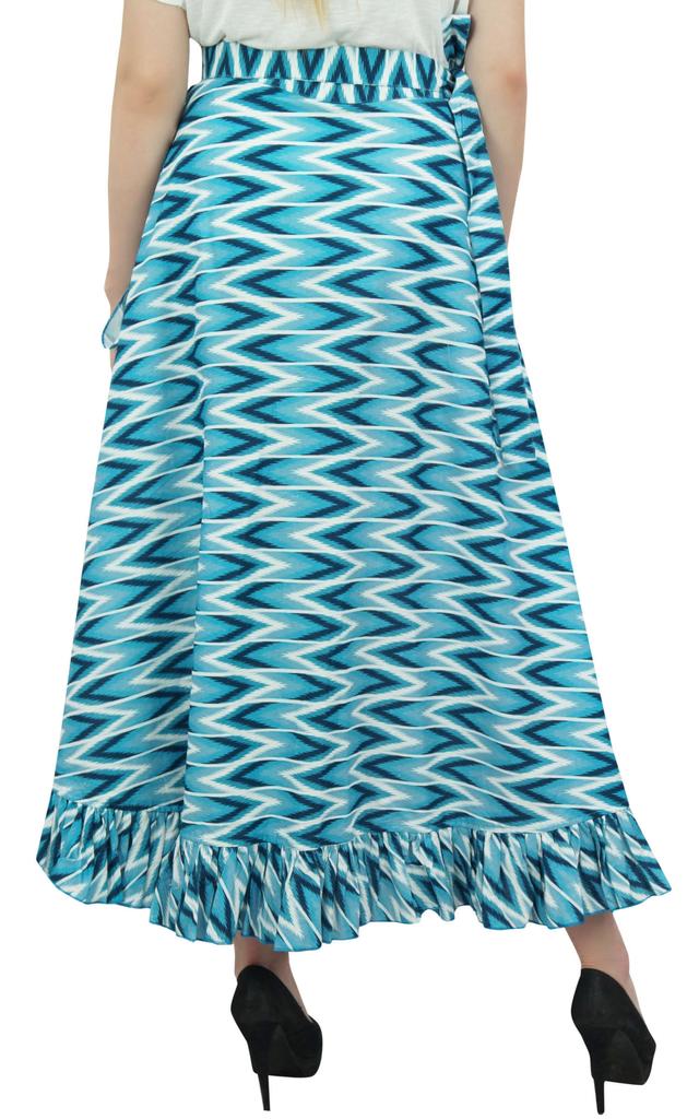 Phagun Cotton Ruffled Self Belt Ikat Printed Women's Wrap Hippie Skirt-Blue