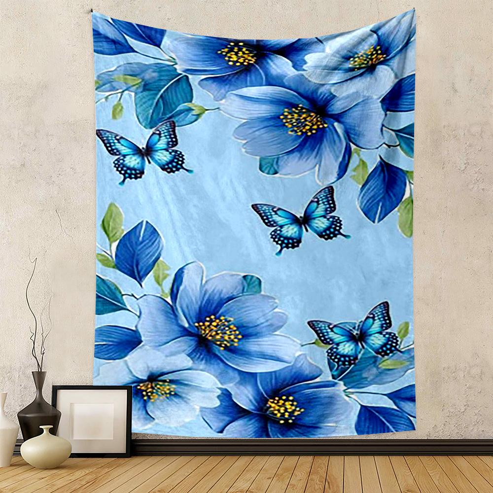 Blue Flowers and Butterflies Patterned tapestry for bedroom and living room home decor