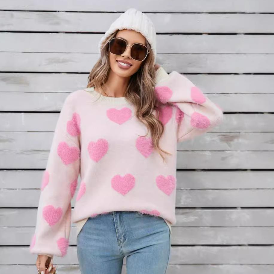 Зимний женский свитер Love Valentine's Day Pullover Large Peach Heart Color Clash Sweater