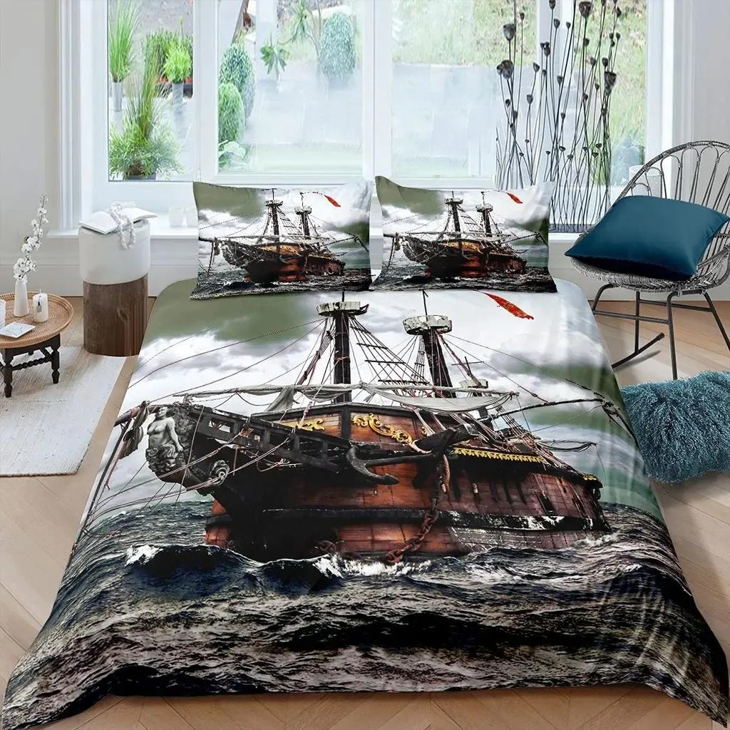 Funny Pirate Cat Duvet Cover Set Cat Riding Whale Japanese-Style Sea Wave Bedding Sets Stripe Lines Comforter Cover Full Queen