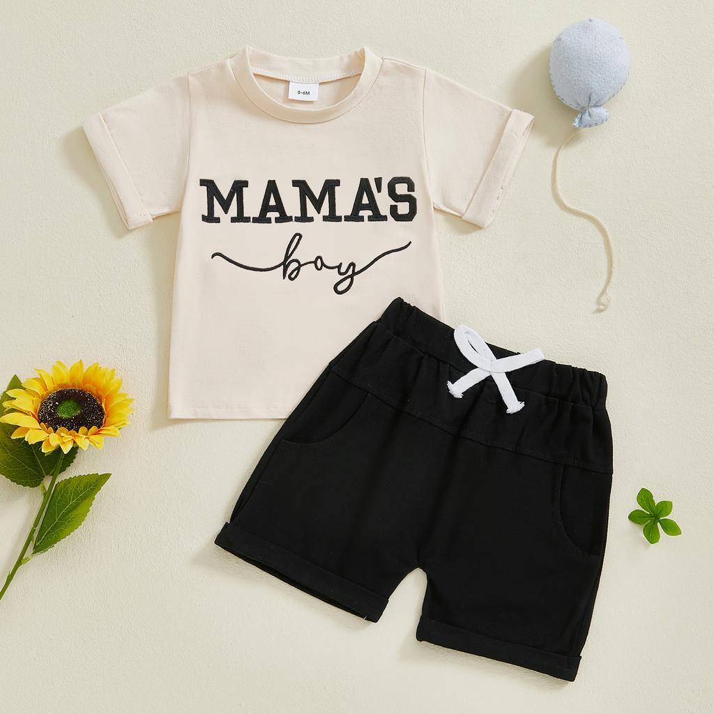 Baby Boys Shorts Set, Short Sleeve Embroidery Letters T-shirt with Elastic Waist Shorts Summer Outfit