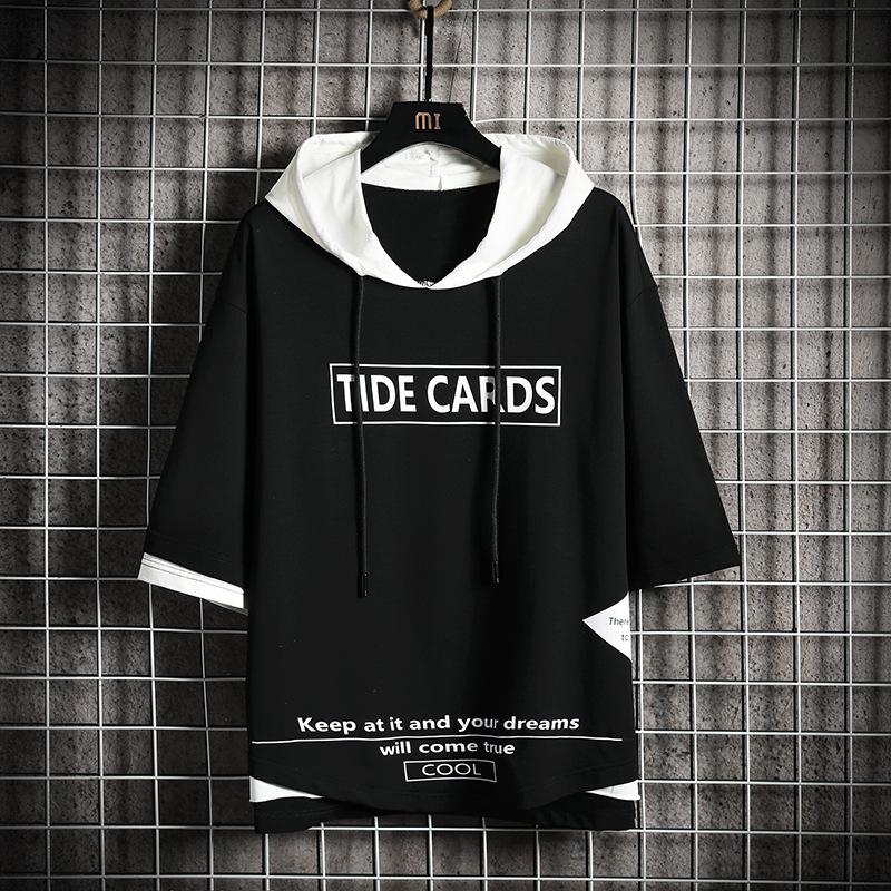 Модная мужская толстовка контрастного цвета с капюшоном и рукавами три четверти — большой размер.