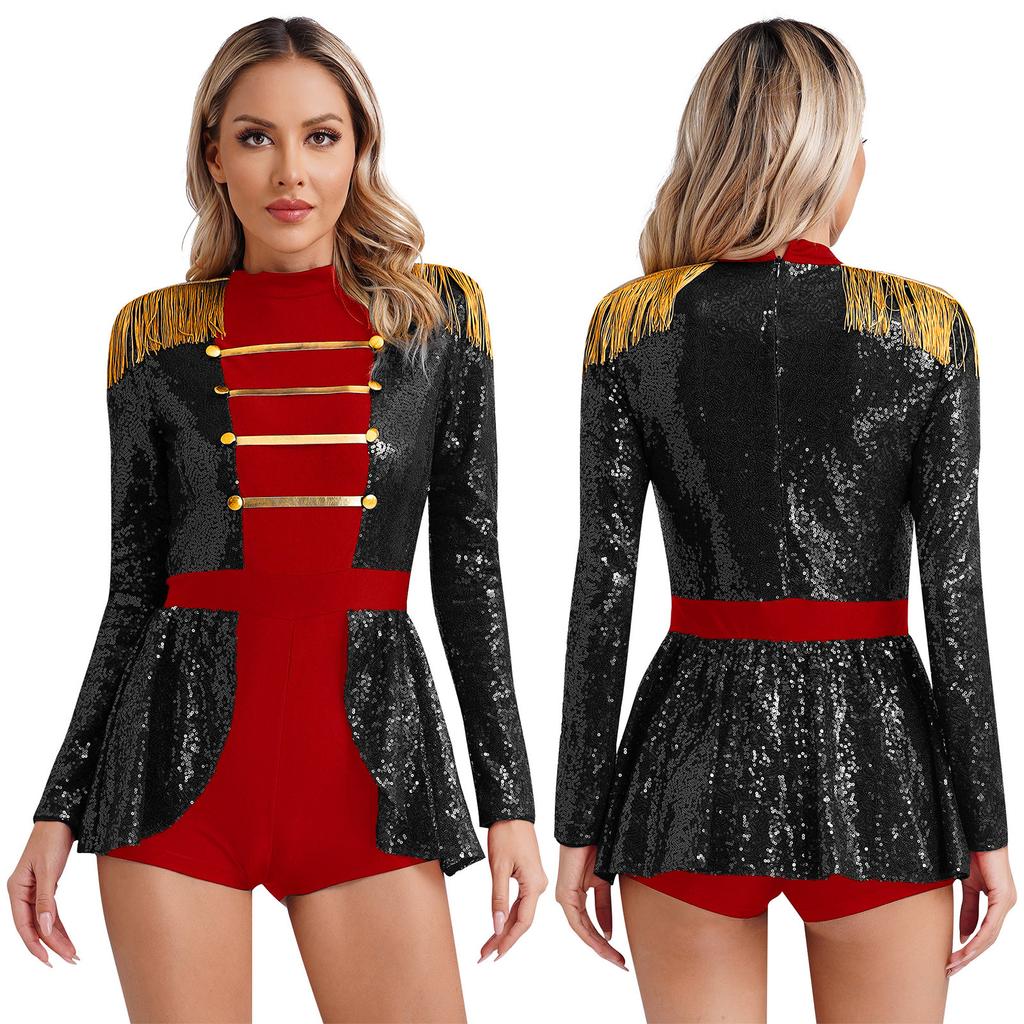 Womens Halloween Ringmaster Bodysuit Dress Sequin Jumpsuit Circus Cosplay Costumes